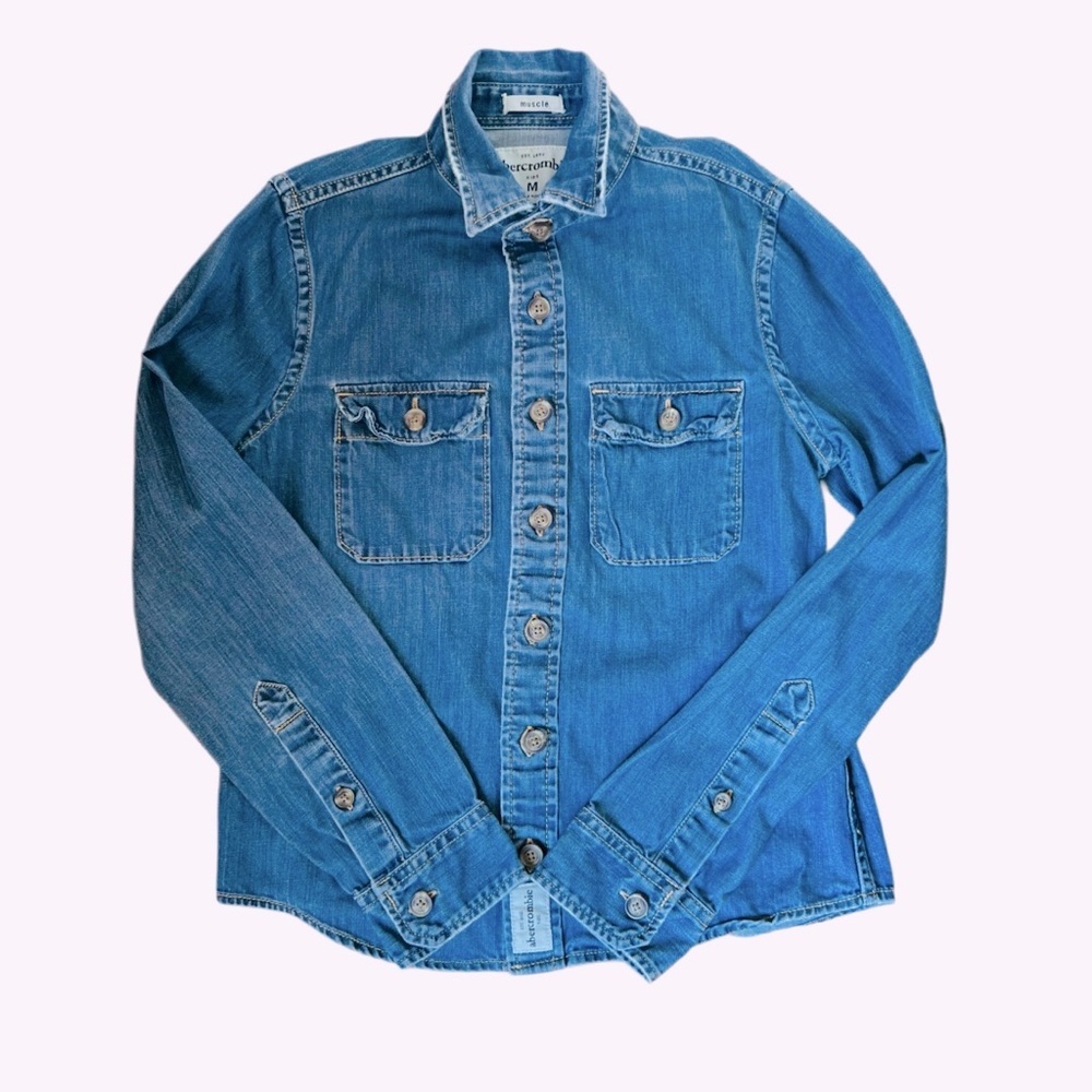 Vintage ABERCROMBIE and FITCH Kids Denim Muscle Button Down Shirt Size Medium